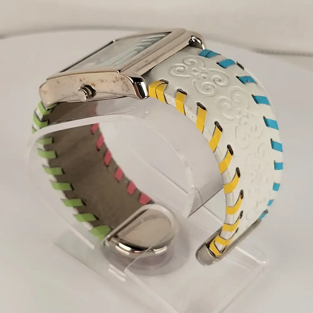 Silver Quartz Watch with Embossed Cuff White Leather Strap and Multicolor Design